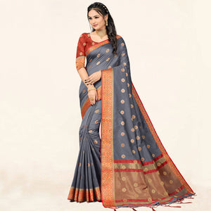 Grey Woven Art Silk Saree With Tassels
