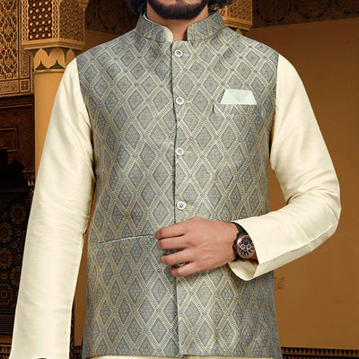 Cream Grey Woven Art Silk Kurta Pyjama Set With Jacket