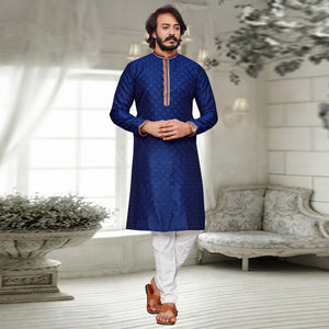 Blue Woven Jacquard Kurta Pyjama Set