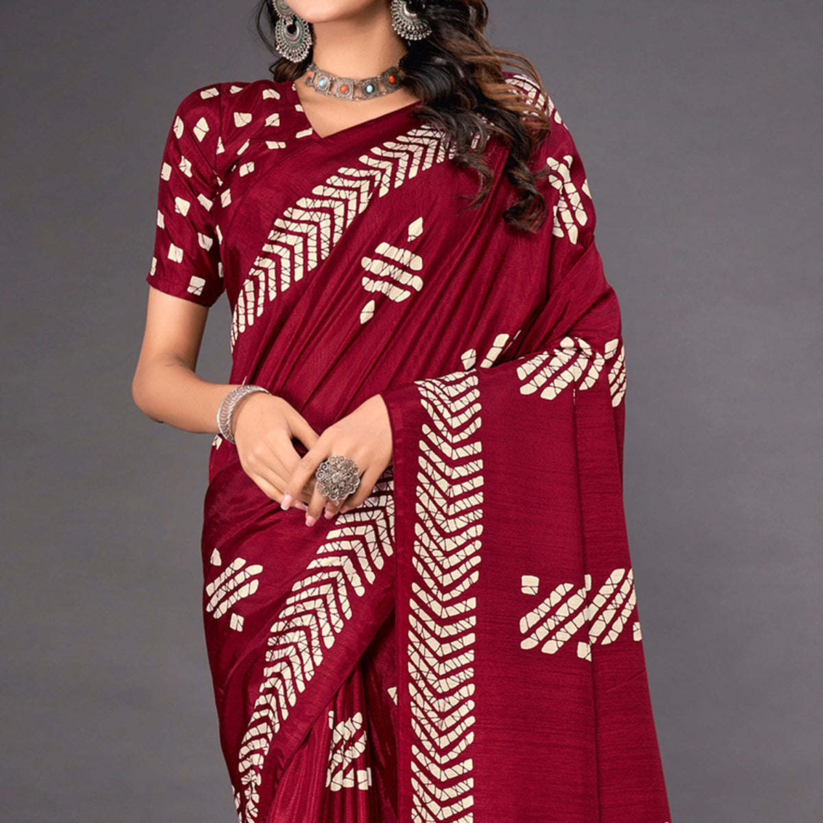 Maroon Printed Dola Silk Saree
