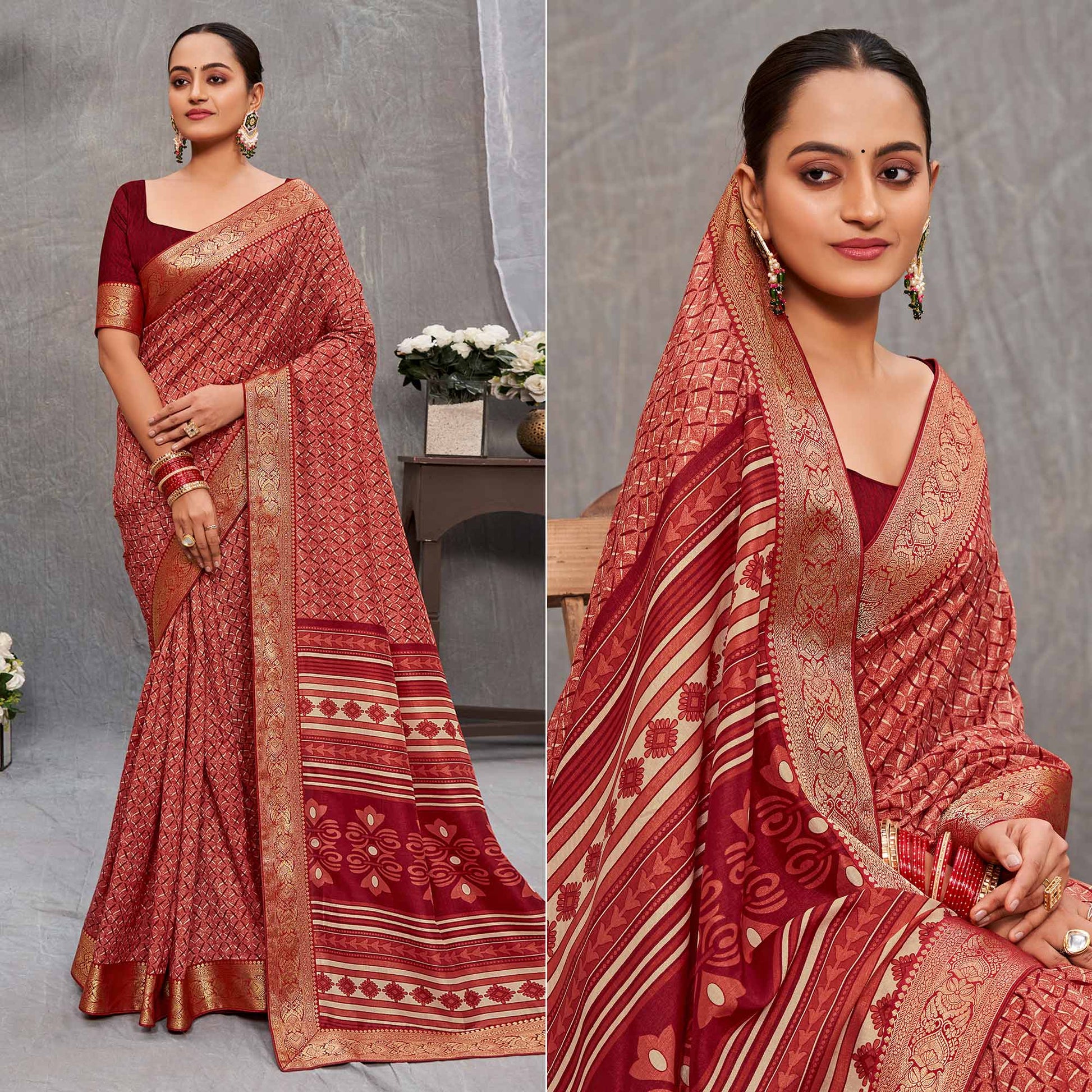 Maroon Printed Tussar Silk Saree