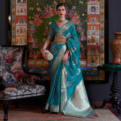 Blue Woven Organza Saree With Tassels