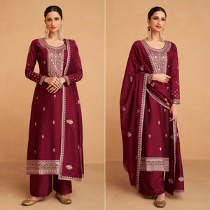 Maroon Embroidered Art Silk Palazzo Suit