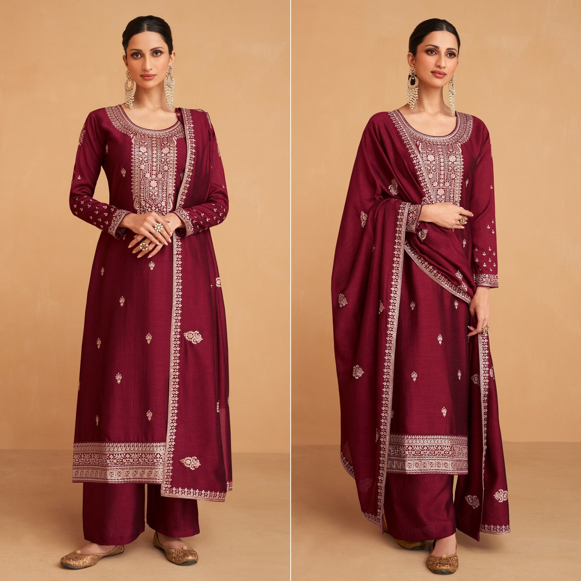 Maroon Embroidered Art Silk Palazzo Suit