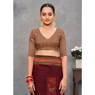 Dark Maroon Printed With Embroidery Tussar Silk Saree