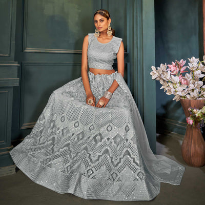 Grey Sequins Embroidered Netted Lehenga Choli