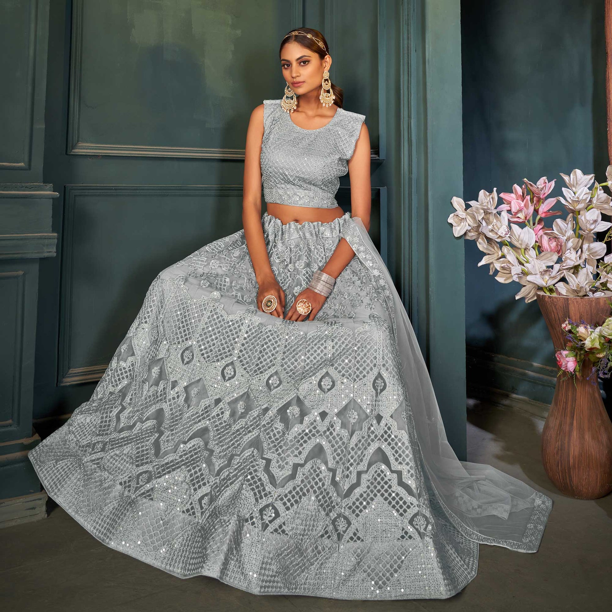 Grey Sequins Embroidered Netted Lehenga Choli
