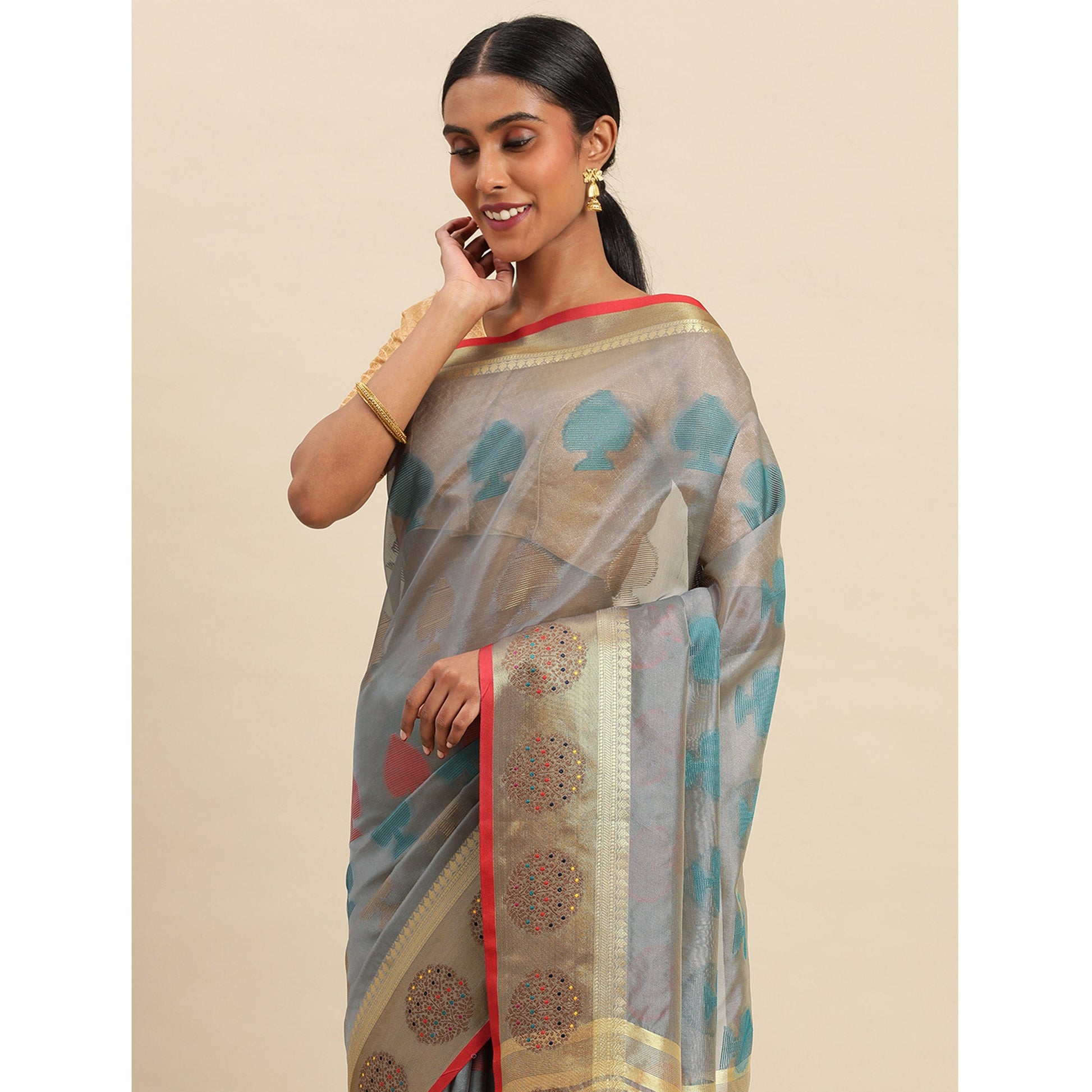 Grey Woven Organza Saree