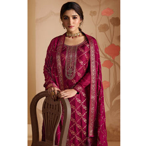 Magenta Pink Woven And Embroidered Dola Silk Palazzo Suit