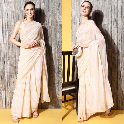 Cream Sequins Embroidered Georgette Saree