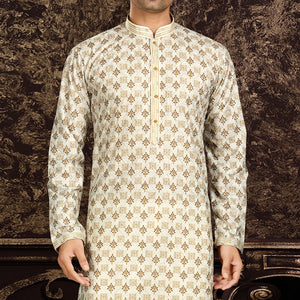 Cream Lucknowi And Digital Printed Cotton Kurta Pyjama Set