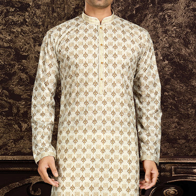 Cream Lucknowi And Digital Printed Cotton Kurta Pyjama Set