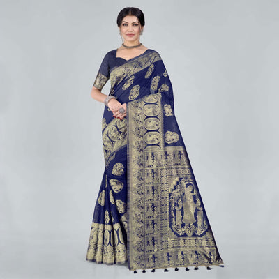 Blue Woven Organza Saree With Tassels