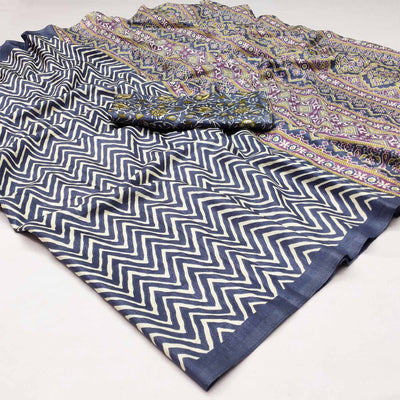 Grey Striped Printed Art Silk Saree