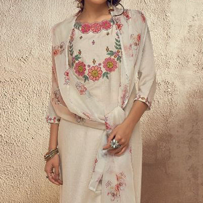 Cream Floral Embroidered Viscose Suit