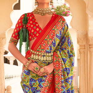 e-olive-green-blue-printed-tussar-silk-saree-with-tassels