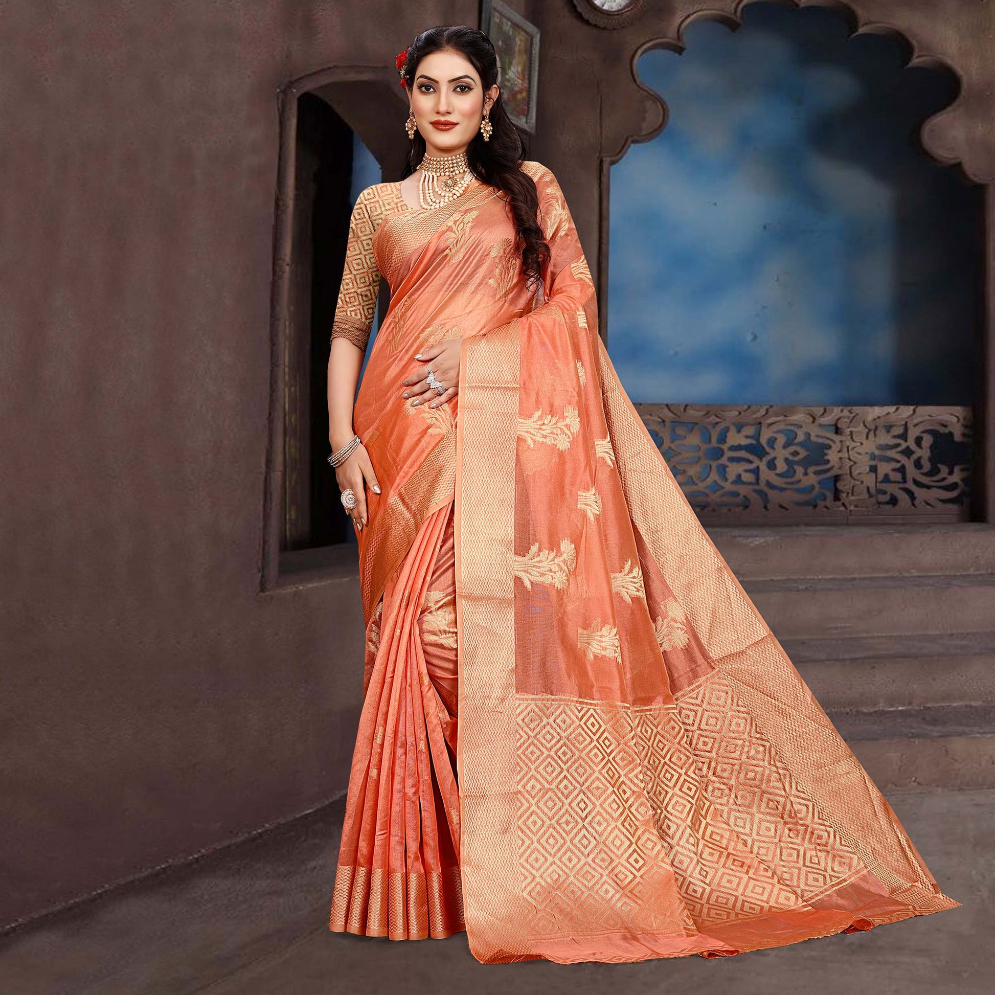 Dark Peach Floral Woven Organza Saree