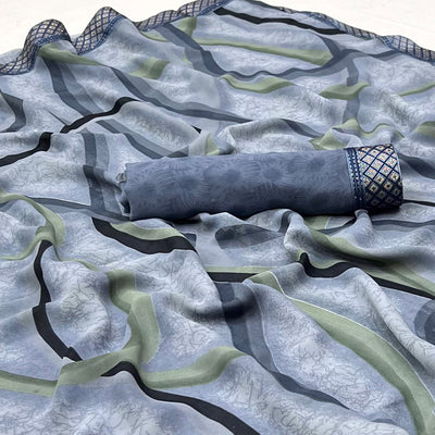 Grey Printed Georgette Saree