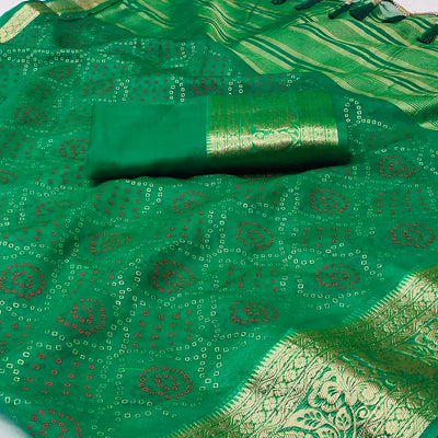 green-bandhani-printed-organza-saree-with-tassels