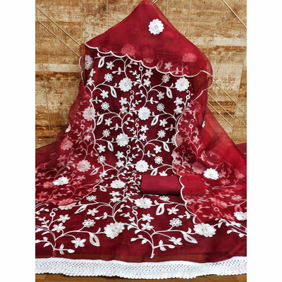Maroon Floral Embroidered Organza Dress Material