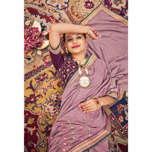 Dusty Pink Embroidered With Stone Work Vichitra Silk Saree