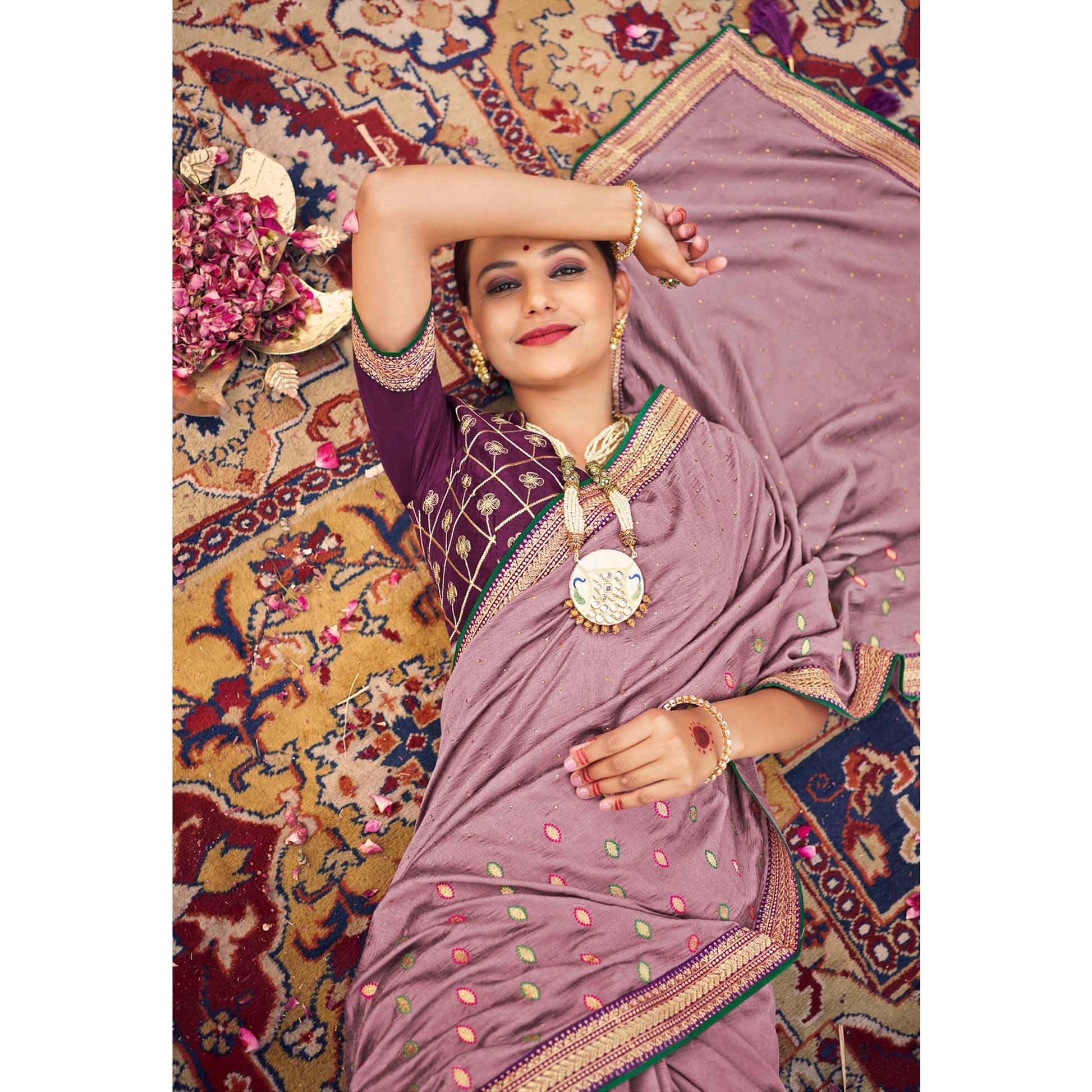 Dusty Pink Embroidered With Stone Work Vichitra Silk Saree