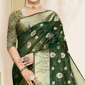 Bottle Green Floral Woven Organza Saree