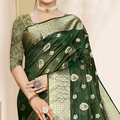 Bottle Green Floral Woven Organza Saree
