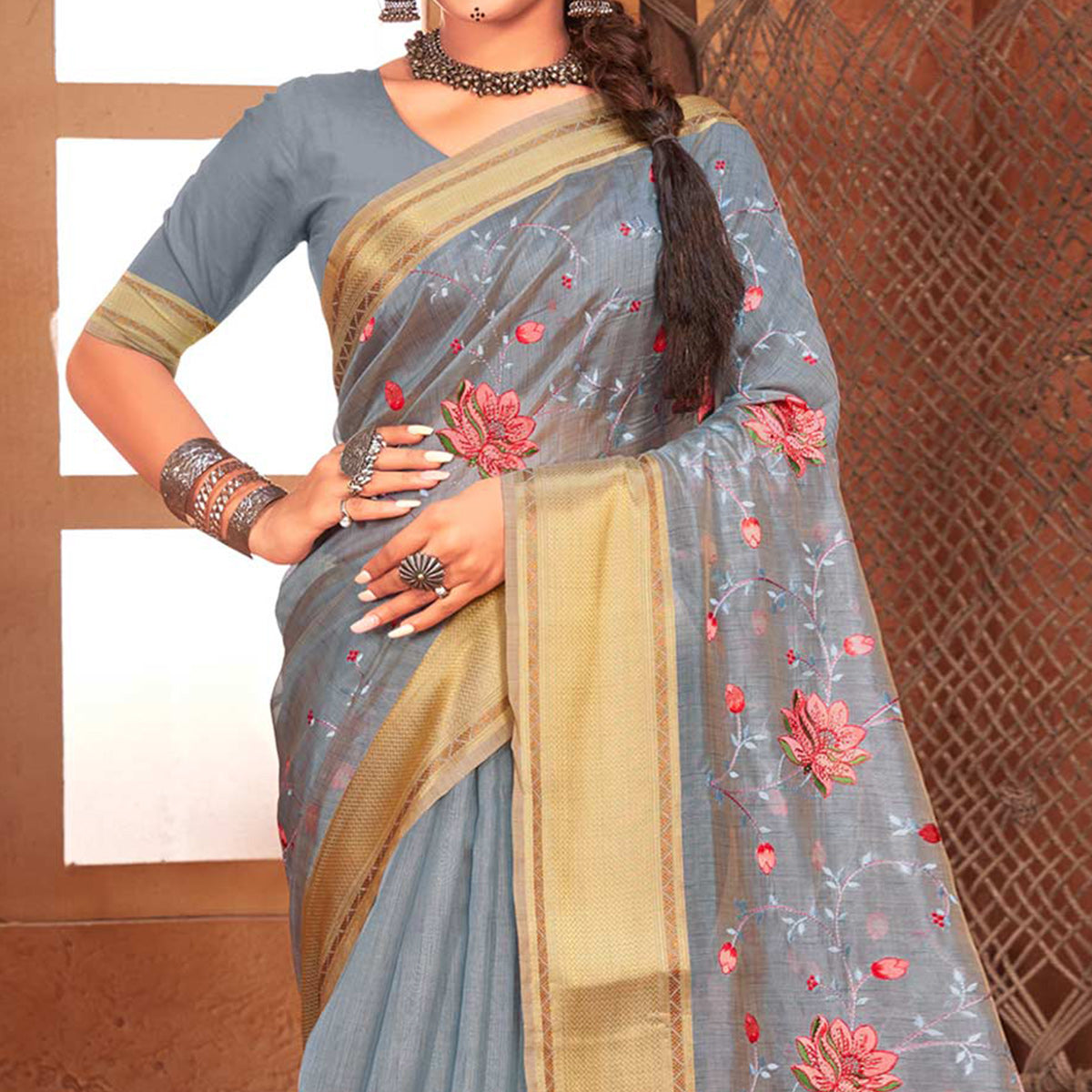 grey-embroidered-with-woven-border-organza-saree