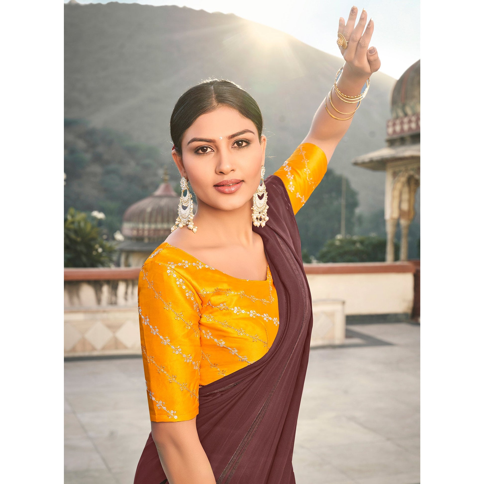 Brown Printed Georgette Saree With Tassels