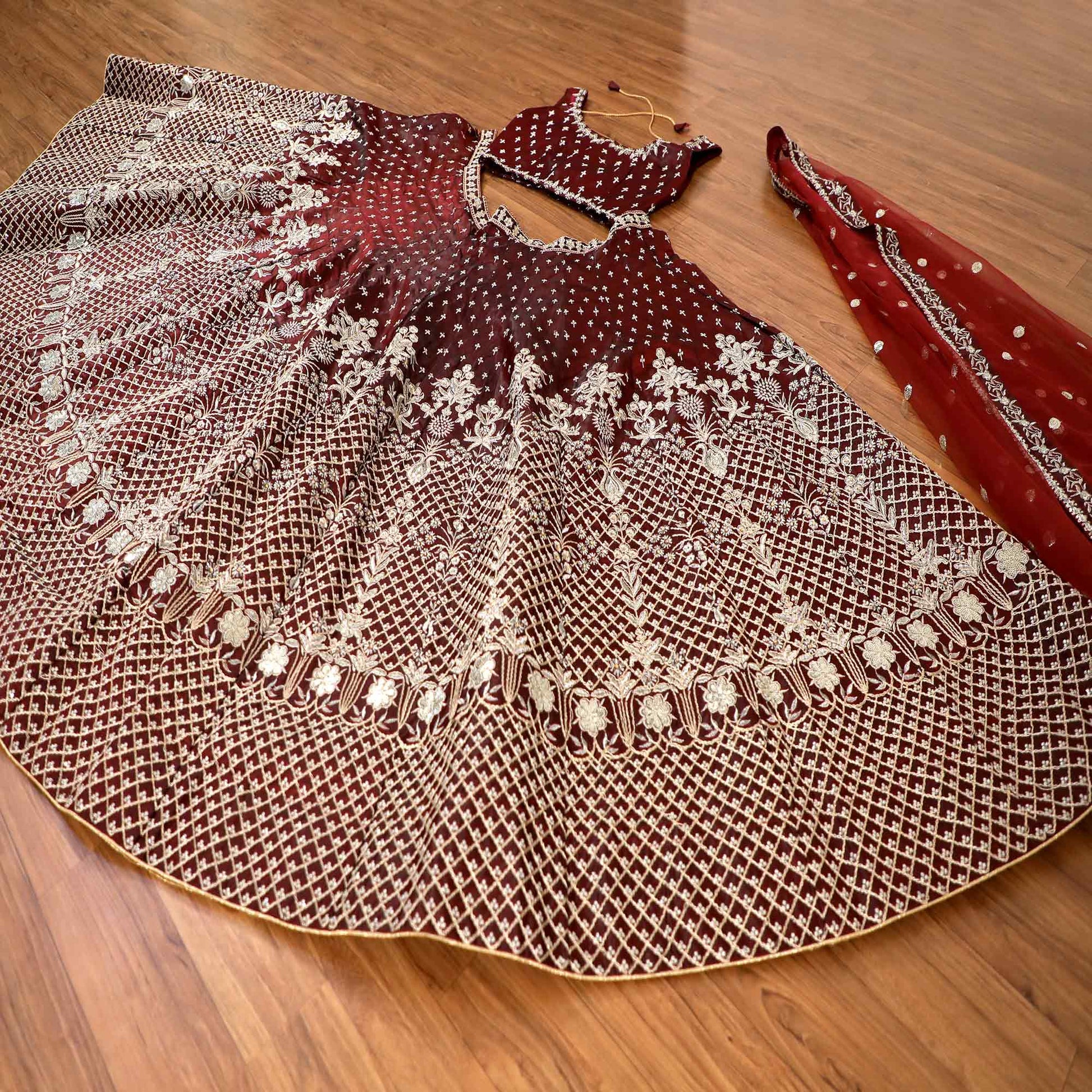 Maroon Embroidered Satin Lehenga Choli