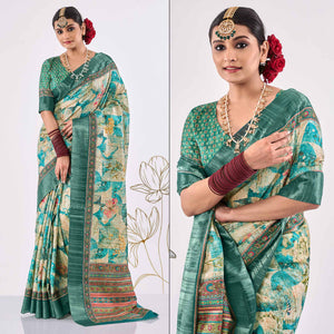 Cream & Blue Printed Art Silk Saree