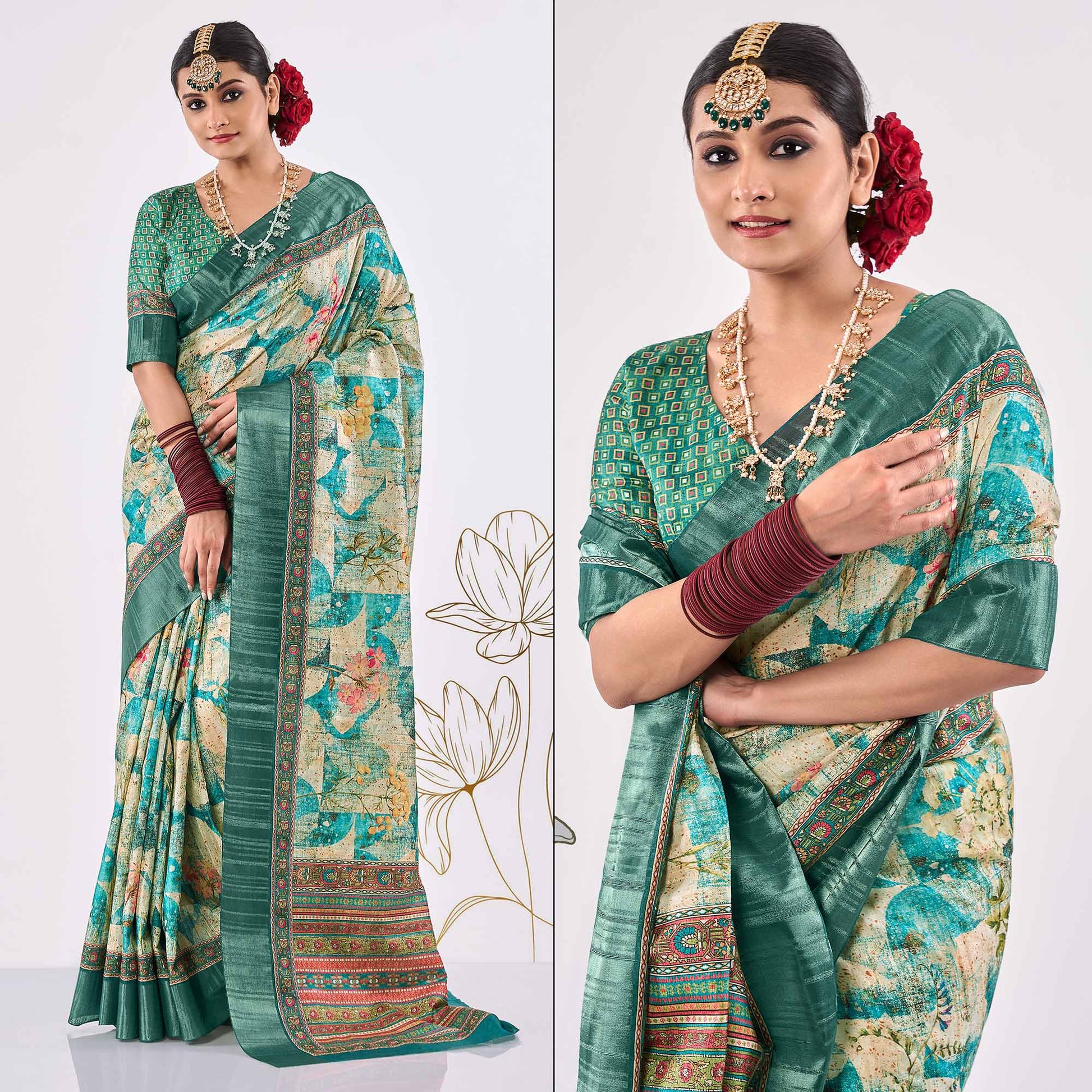 Cream & Blue Printed Art Silk Saree