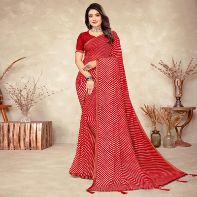Dark Red Striped Printed Chiffon Saree