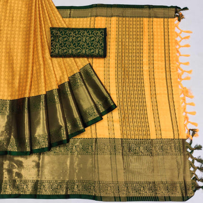 Dusty Yellow Woven Cotton Silk Saree With Tassels