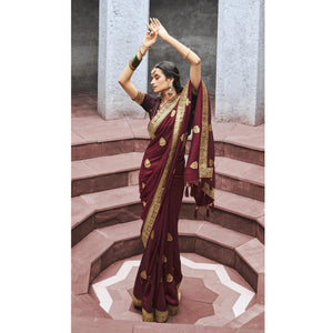 Maroon Woven Vichitra Silk Saree With Tassels