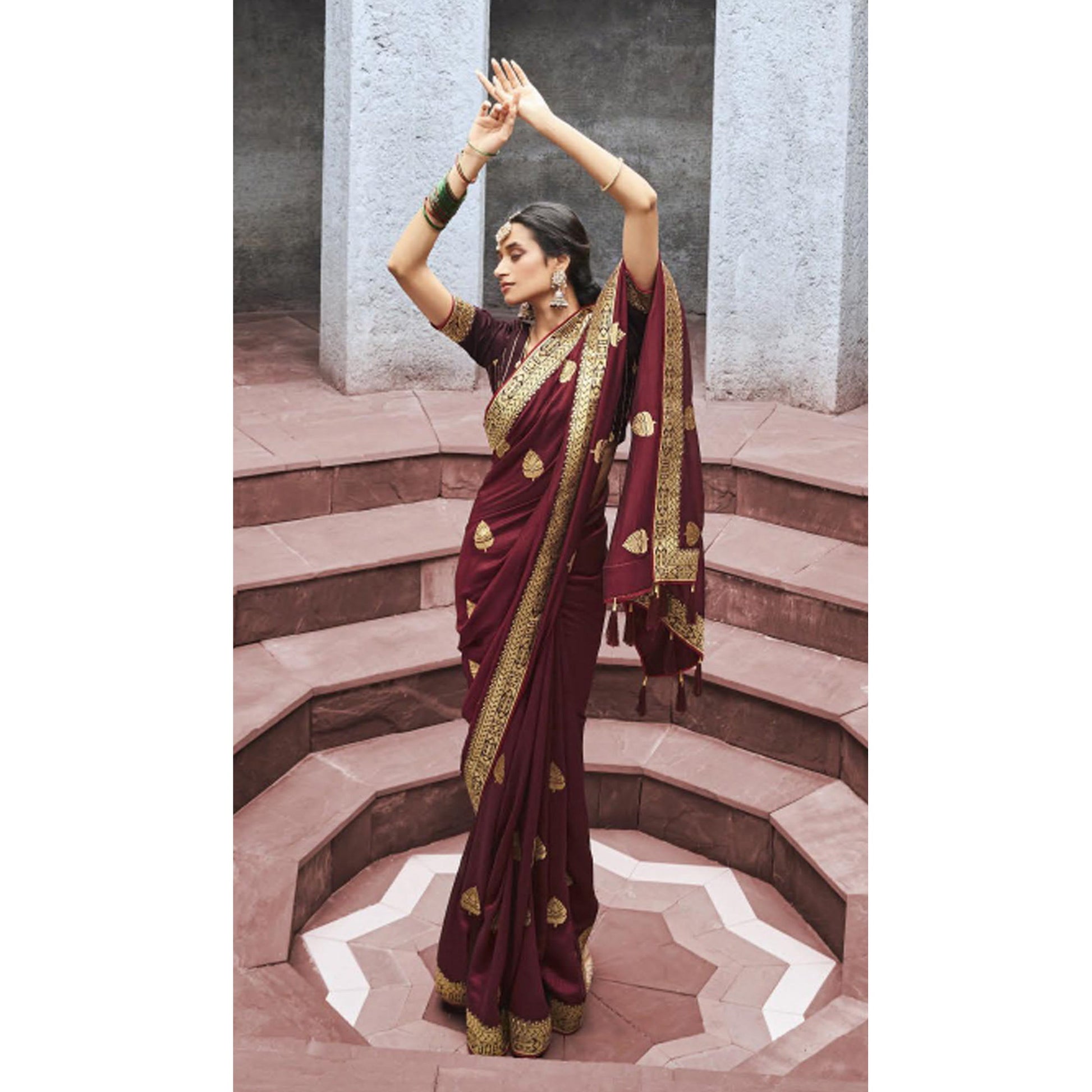 Maroon Woven Vichitra Silk Saree With Tassels