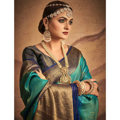 Blue Woven Art Silk Saree With Tassels