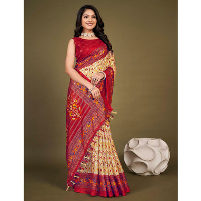 Cream Printed Jute Patola Saree With Tassels