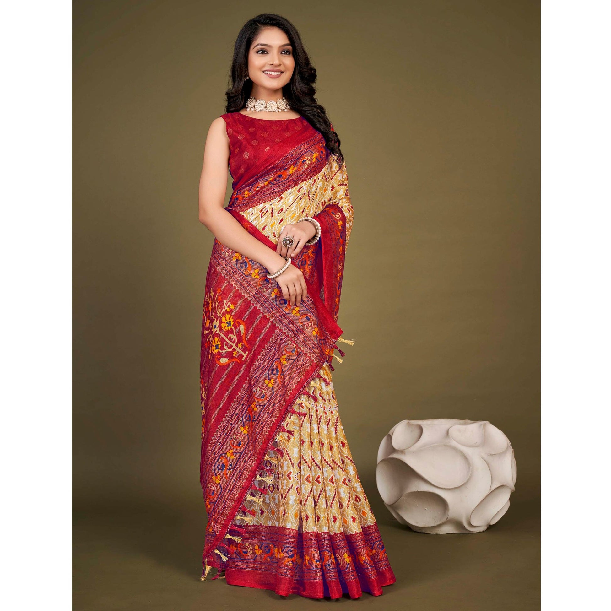 Cream Printed Jute Patola Saree With Tassels