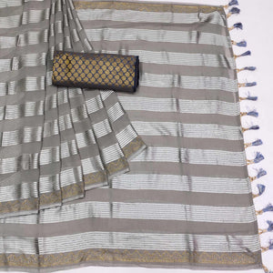 Grey Striped With Stone Work Georgette Saree