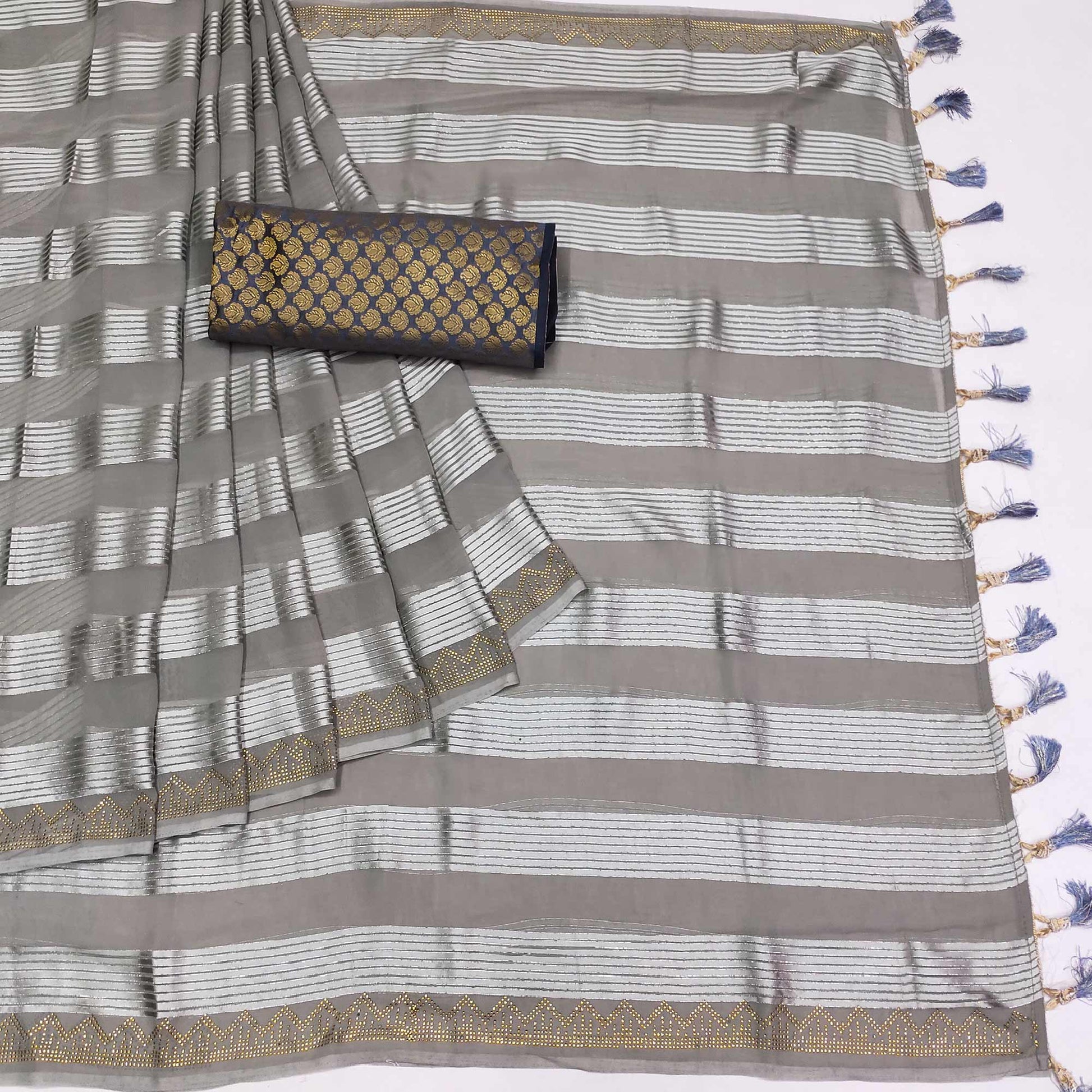 Grey Striped With Stone Work Georgette Saree