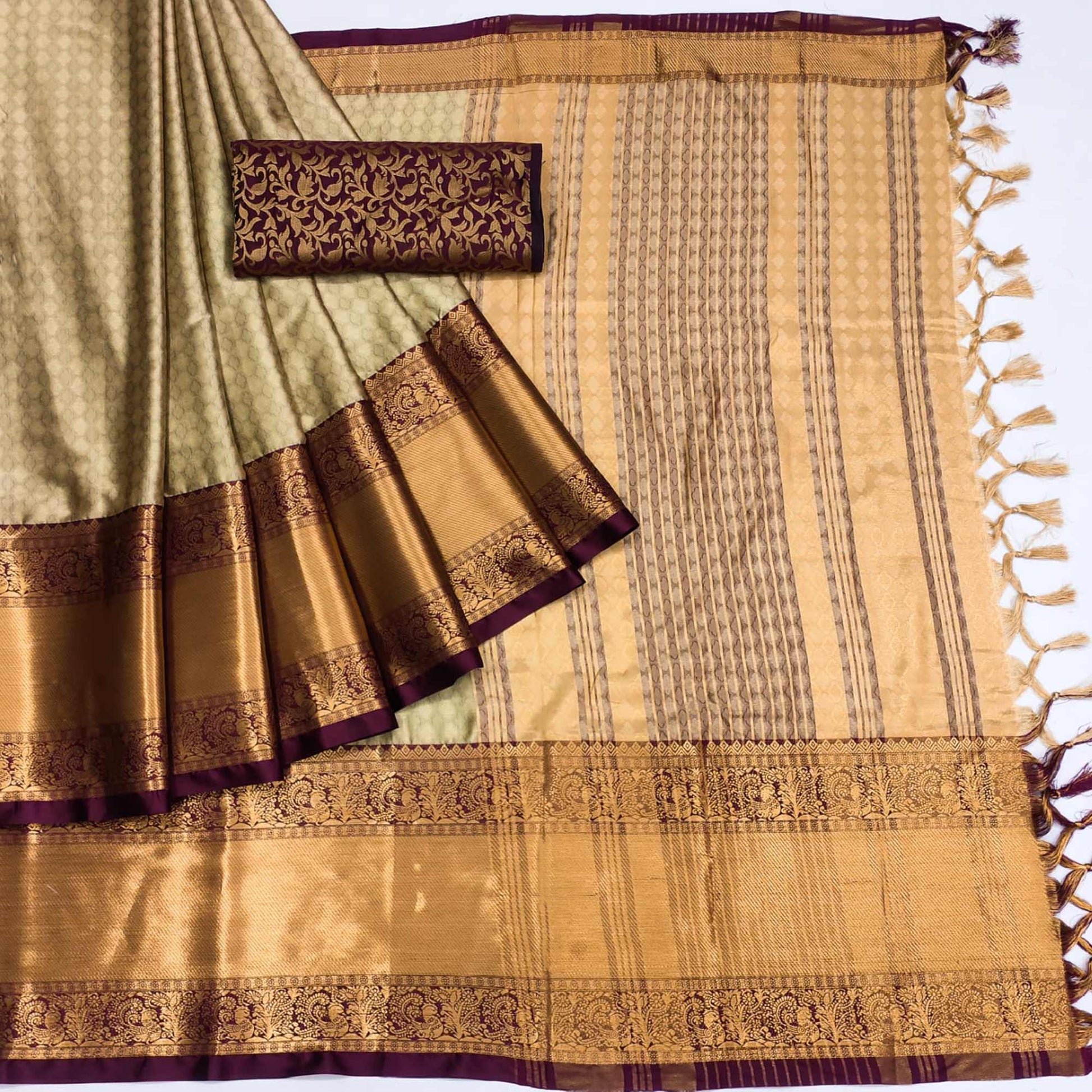 Chikoo Woven Cotton Silk Saree With Tassels