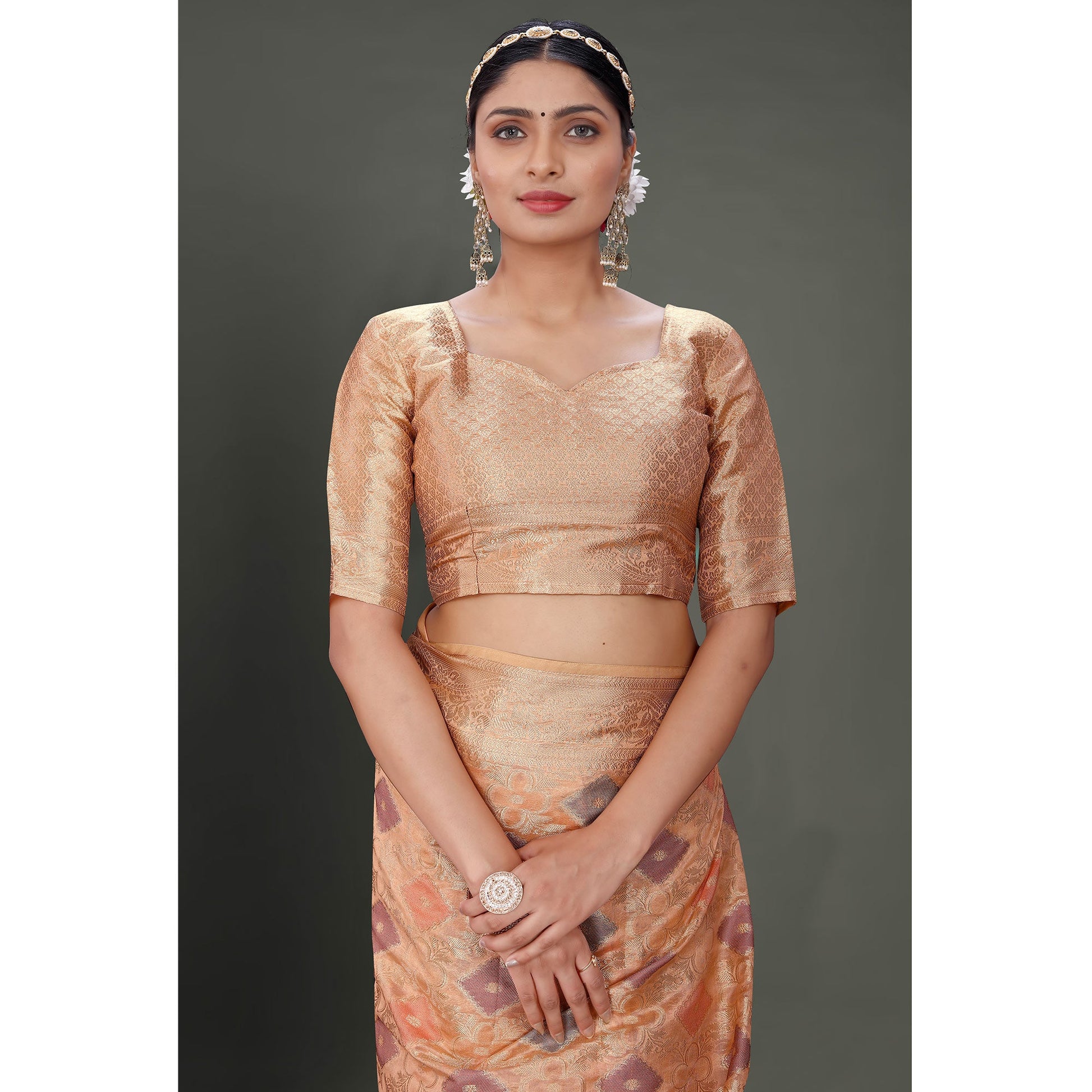 Dark Peach Woven Organza Saree With Tassels