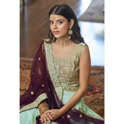 Light Aqua Green Embroidered Art Silk Lehenga Choli
