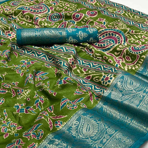 green-blue-printed-with-woven-border-dola-silk-saree