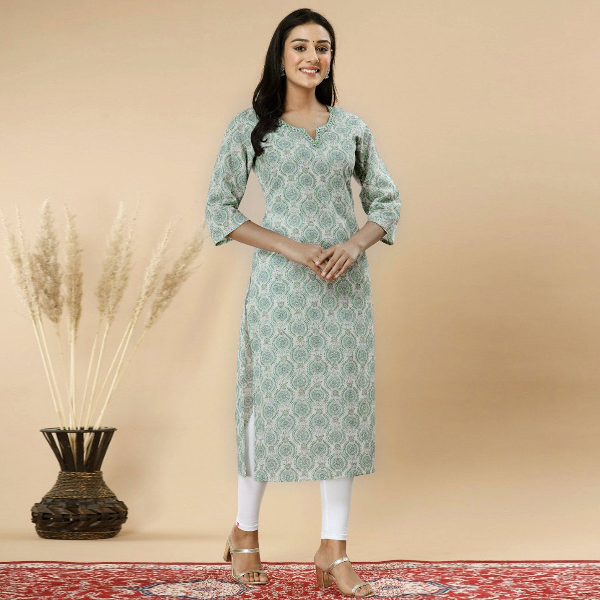 green-floral-printed-pure-cotton-kurti