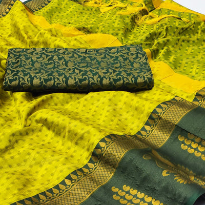Lemon Green Woven Cotton Silk Saree With Tassels