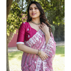 Magenta Pink Digital Printed With Embroidered Organza Saree