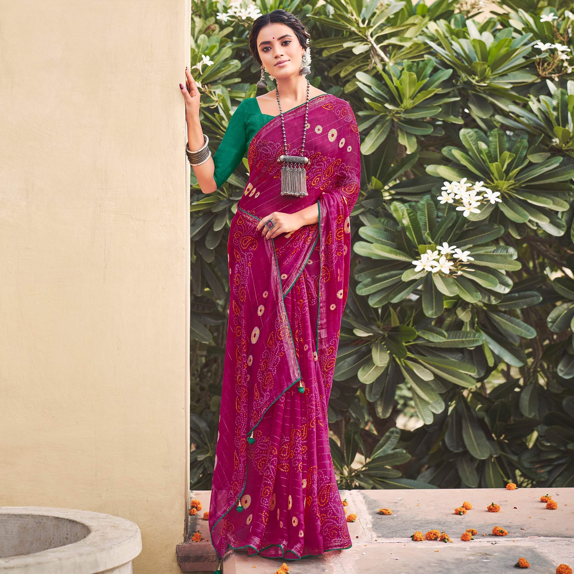 Magenta Pink Printed Chiffon Saree
